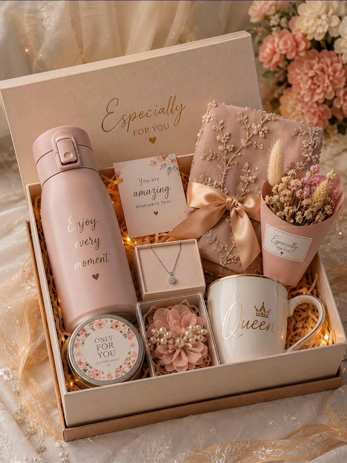Gift box with pink water bottle, Queen mug, and jewelry on shredded paper.