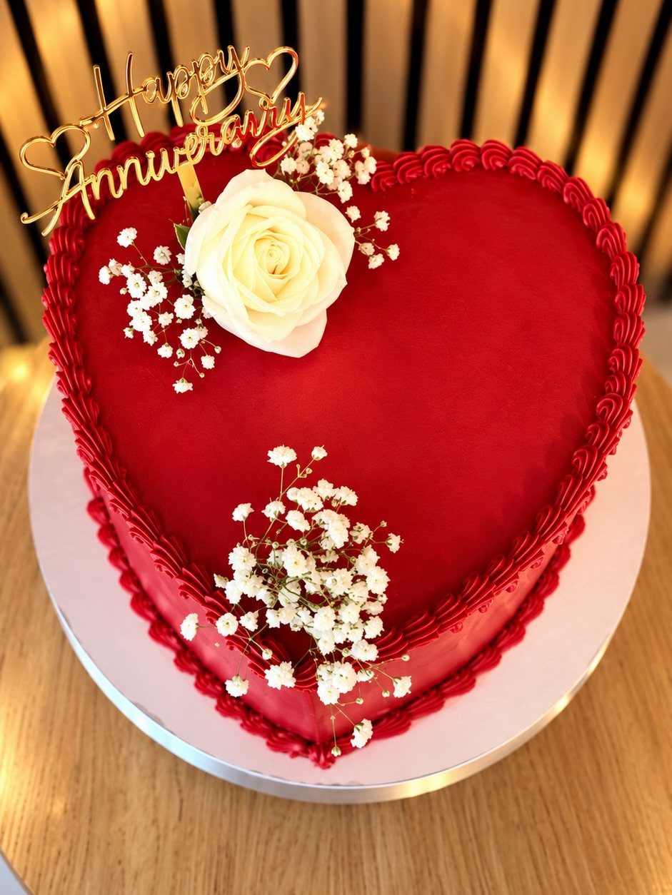 Heart-shaped red anniversary cake decorated with a white rose and gold topper.