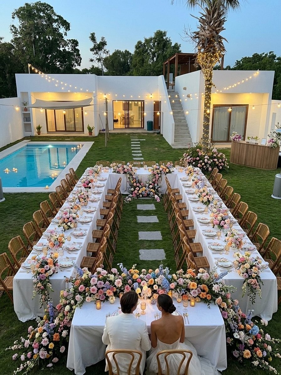 Wedding reception setup with U-shaped tables and flowers at a private villa pool