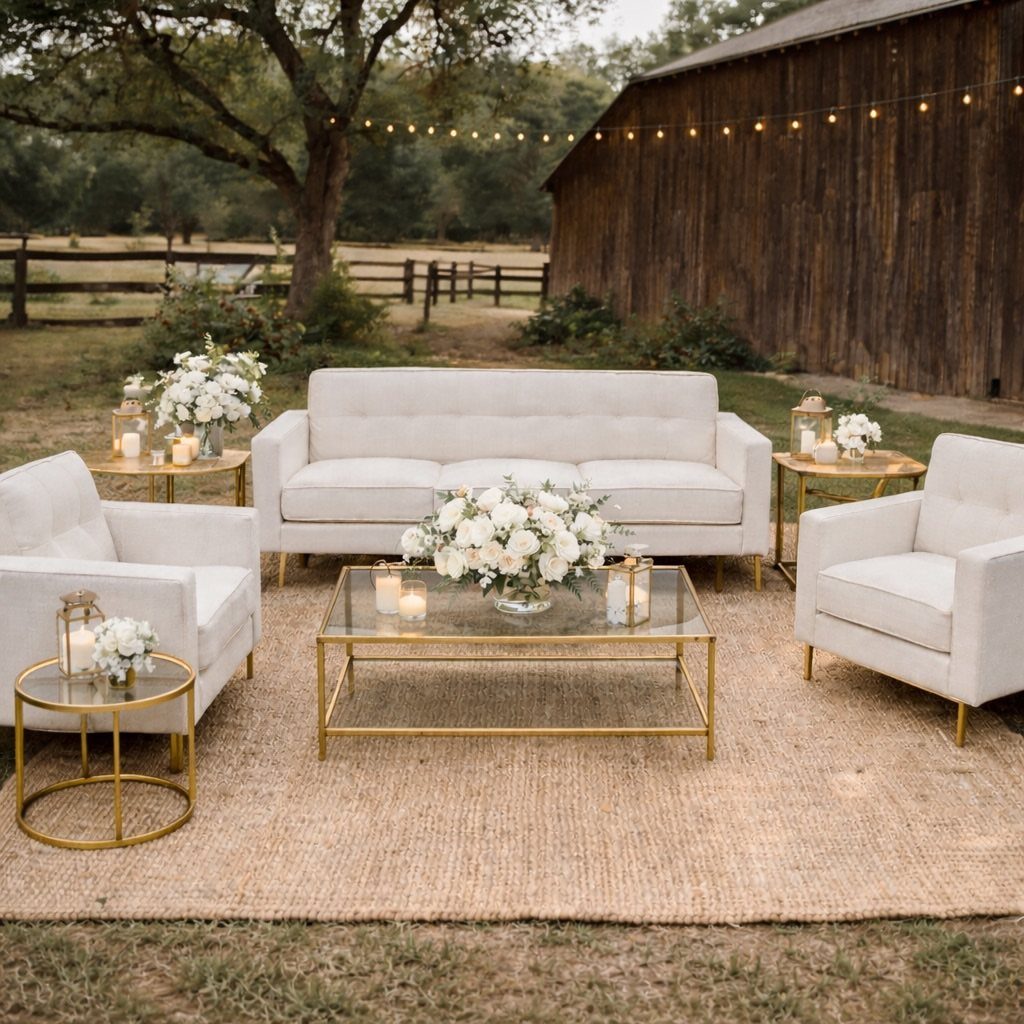 White outdoor lounge furniture with gold tables and white flowers near a barn.