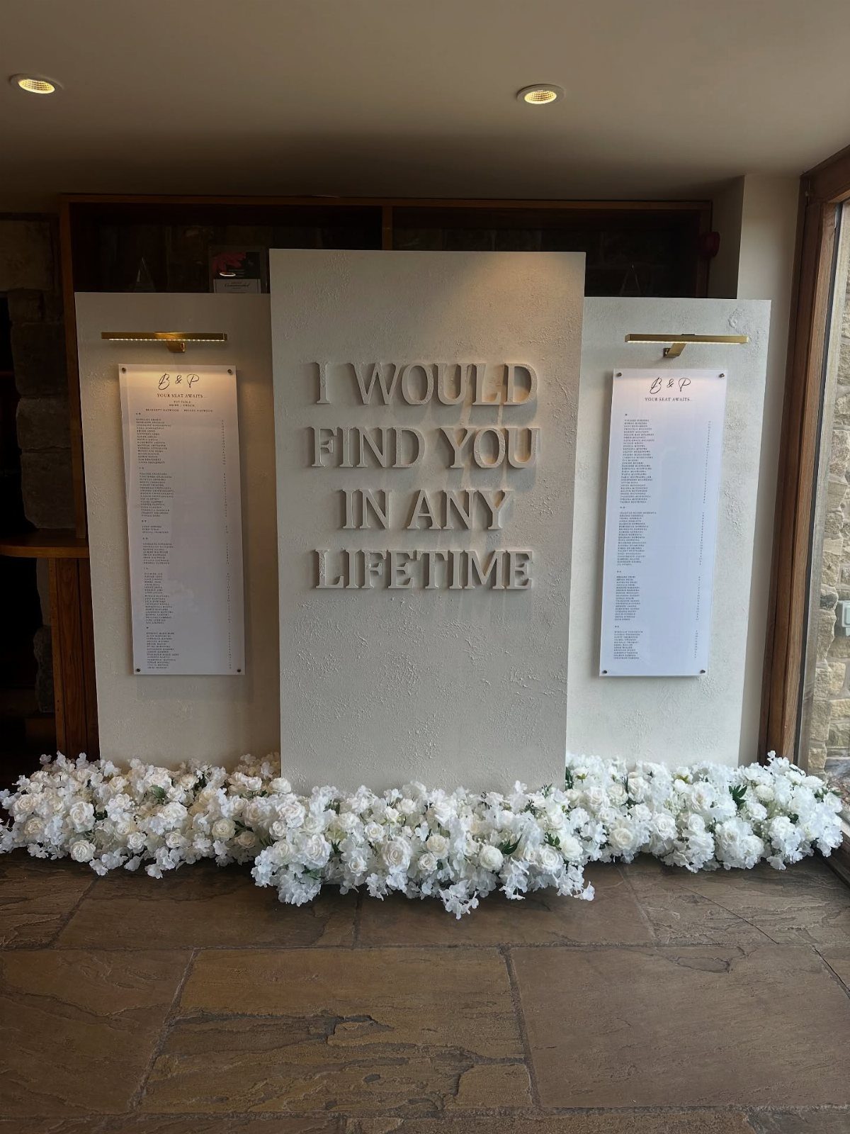 White wedding signage panels with a romantic quote and seating charts above white flowers