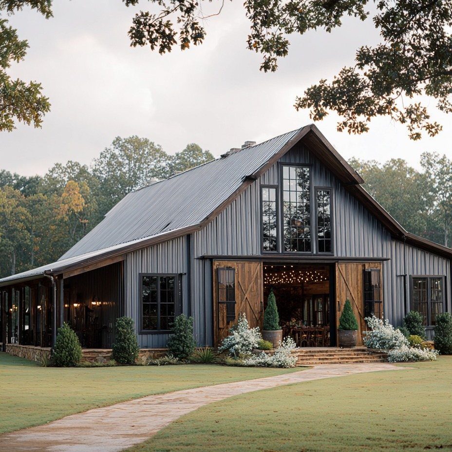 Modern grey barn venue with open wooden doors and a brick walkway.