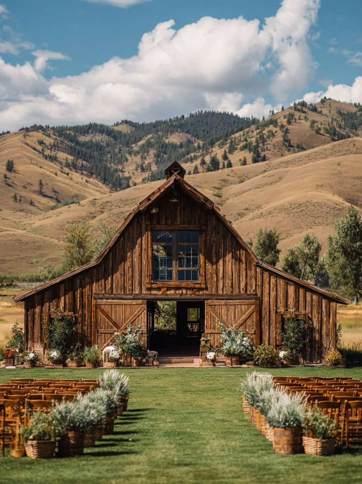 Rustic wooden barn wedding venue with outdoor seating and mountain backdrop