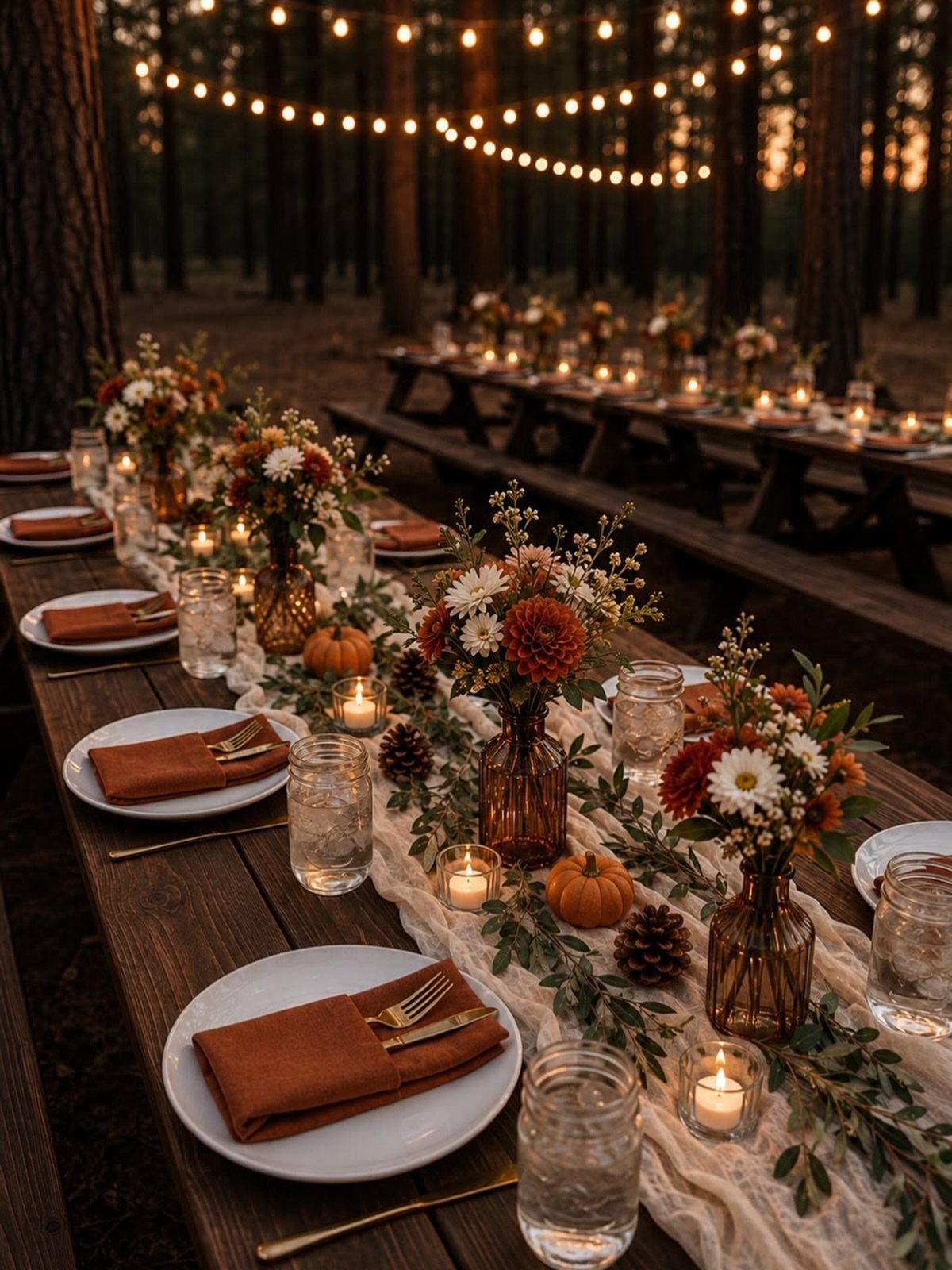 Autumnal table setting with orange flowers, pumpkins, and string lights in a forest.