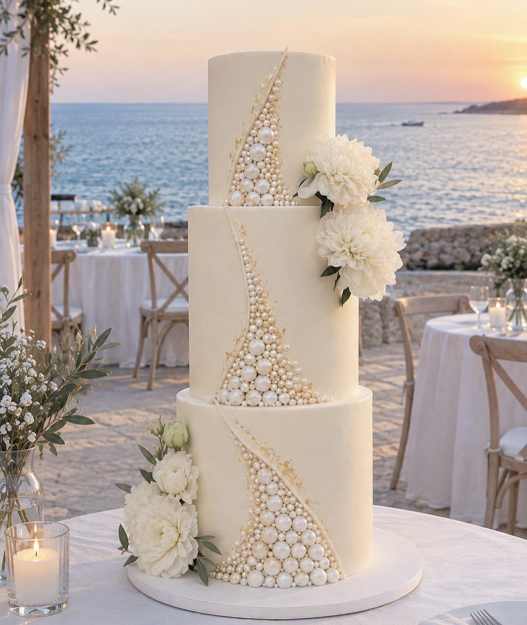 Three-tier white wedding cake with cascading sugar pearls and peonies by the ocean.
