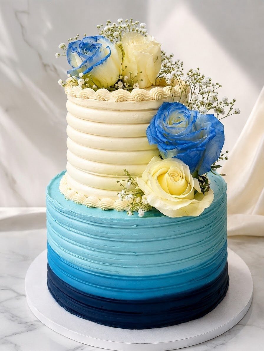 Two-tier cake with blue ombre bottom layer and white roses on top.