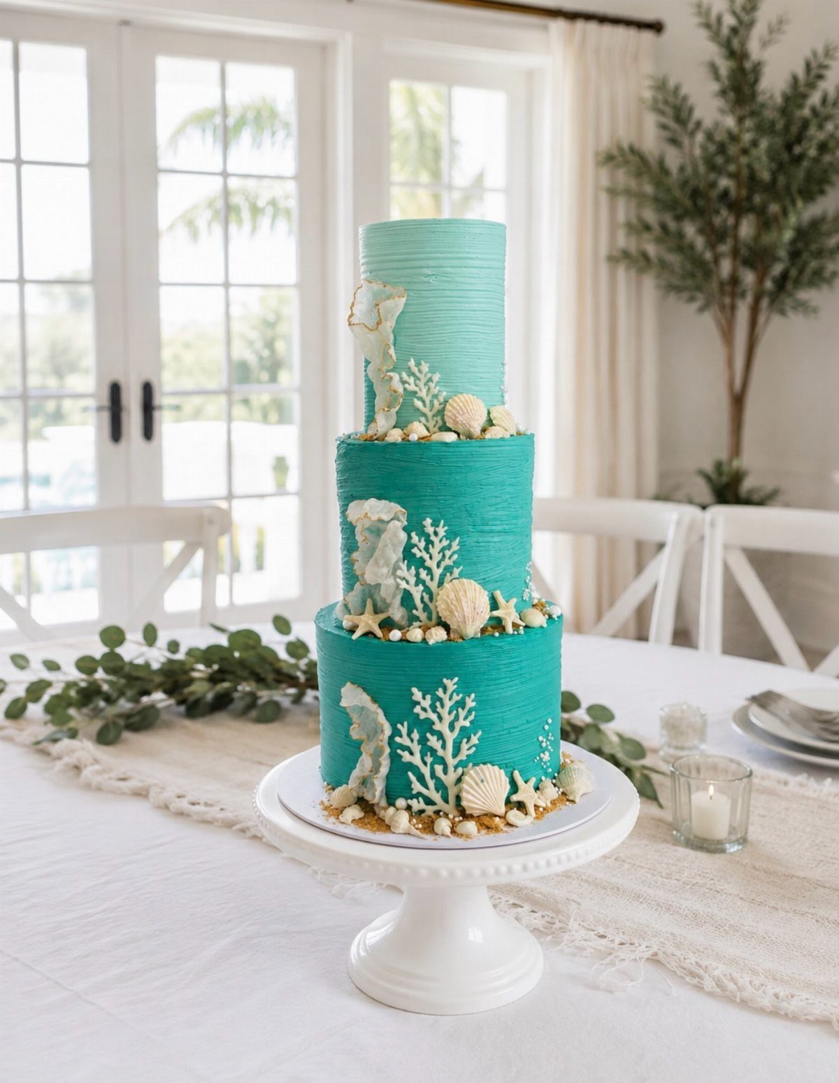 Three-tier turquoise cake with white coral, seashells, and sandy crumb textures on base.