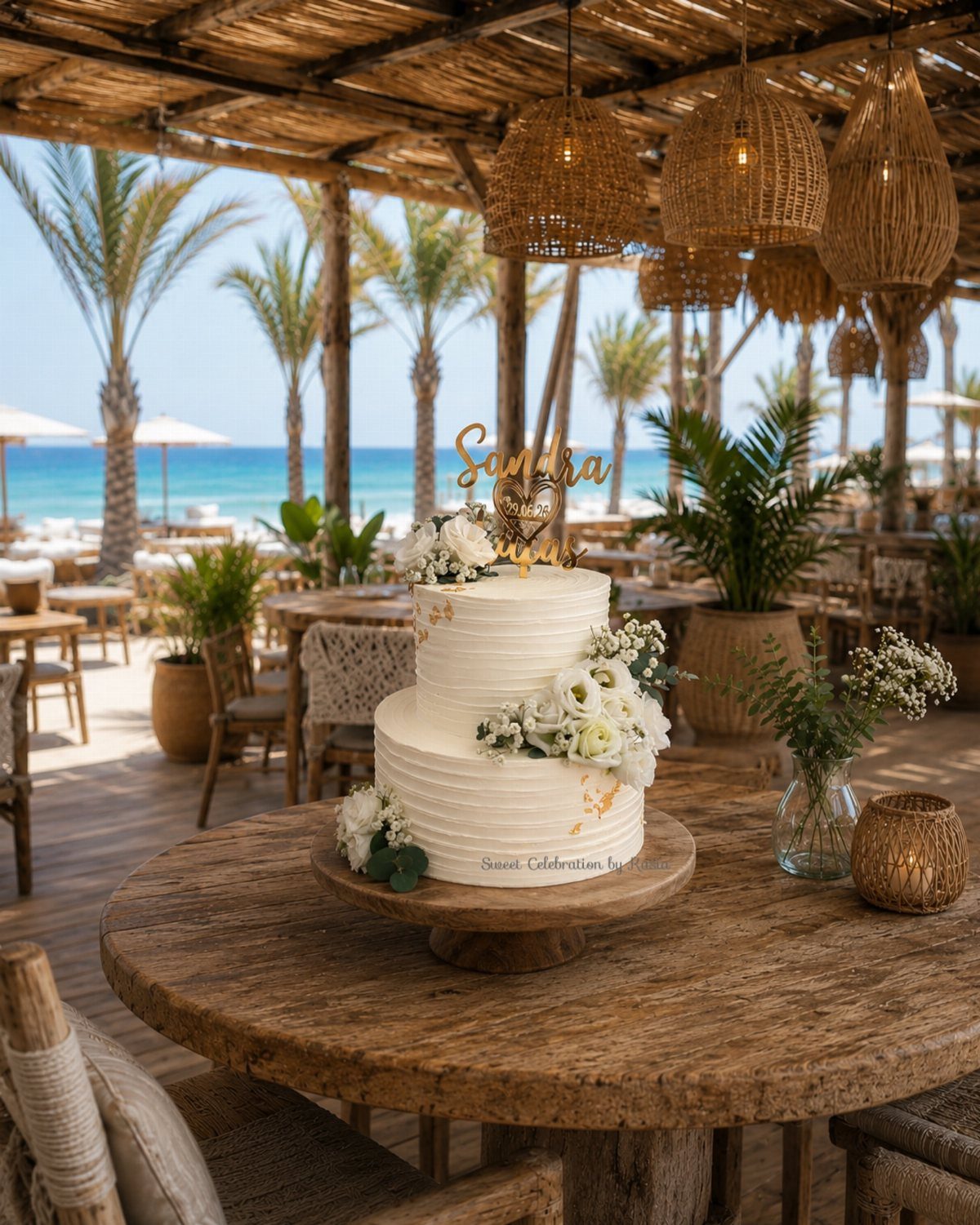 Two-tier white wedding cake with floral accents on a rustic beach table.