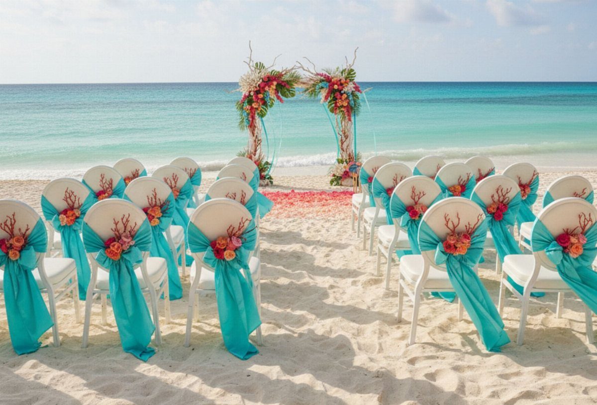 Beach wedding ceremony setup with turquoise chair sashes and coral floral arrangements.
