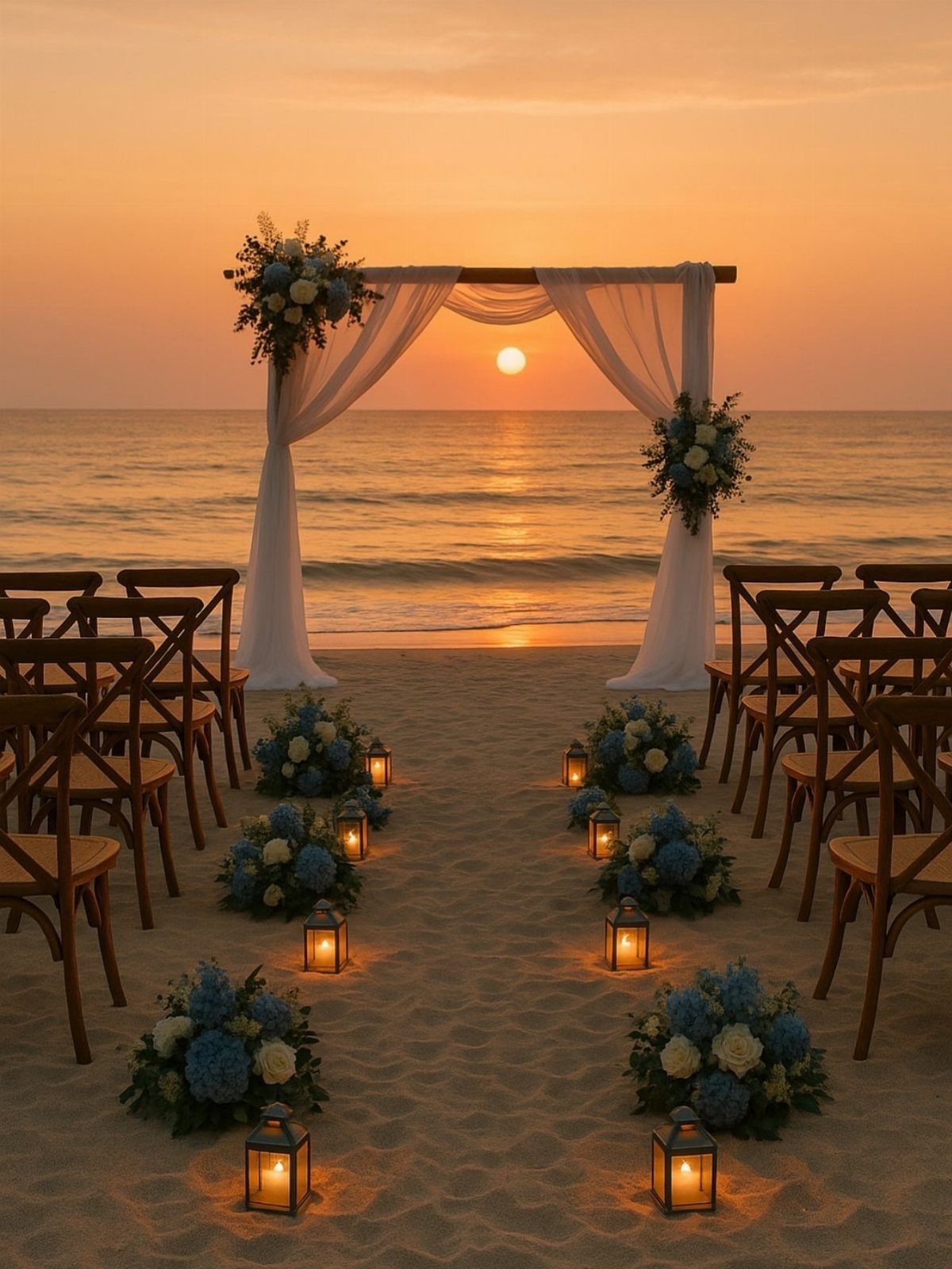 Wedding ceremony setup on a beach with a floral arch at sunset.