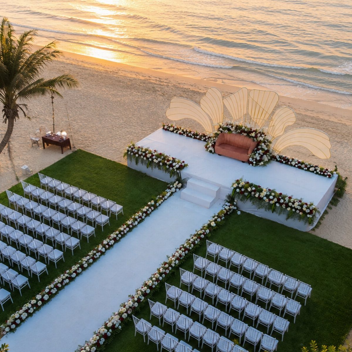 Wedding ceremony setup on a beach with white chairs, floral aisle, and platform.