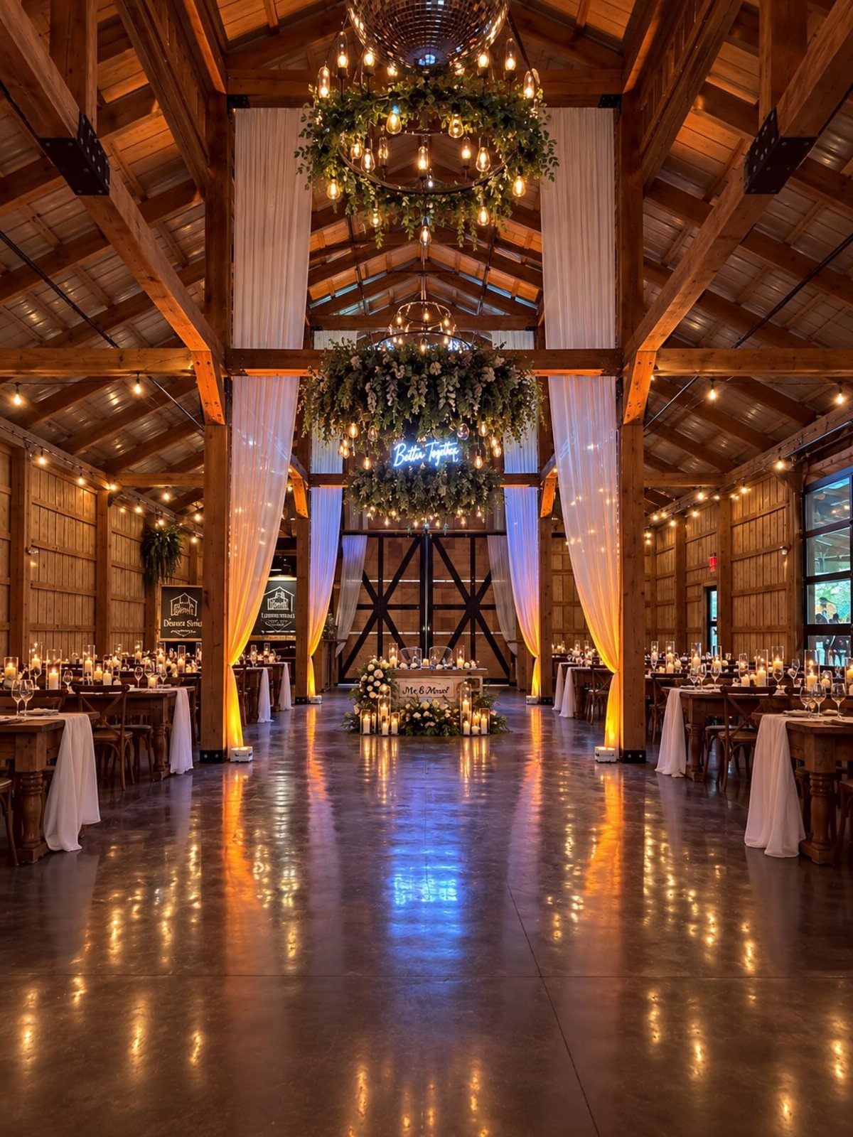 Rustic wooden barn interior with floral chandeliers, white drapery, and set dining tables.