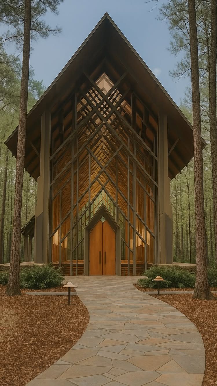 Modern glass chapel with wooden beams and stone path in a pine forest