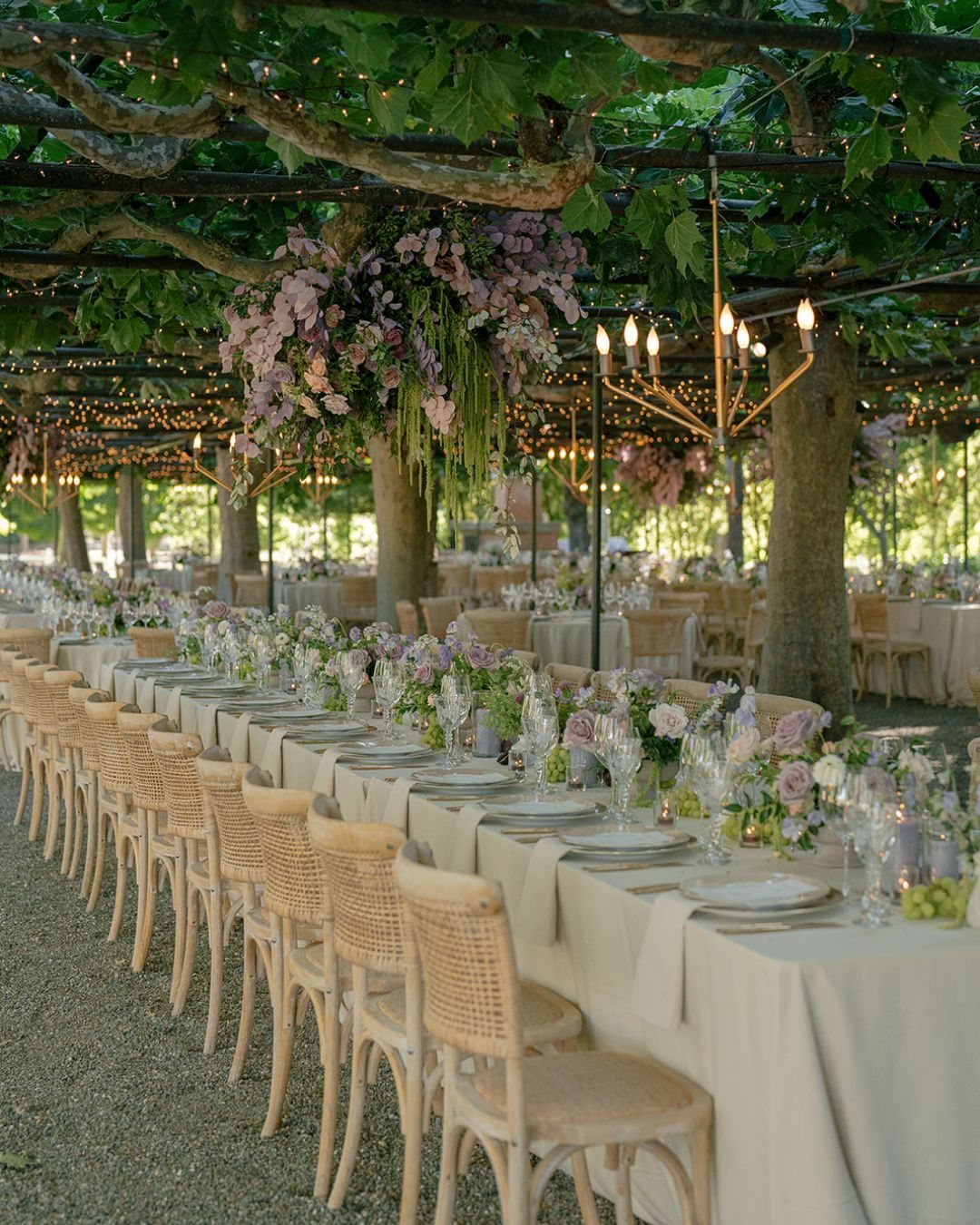 Long wedding table set under a green vine canopy with floral arrangements and chandeliers.