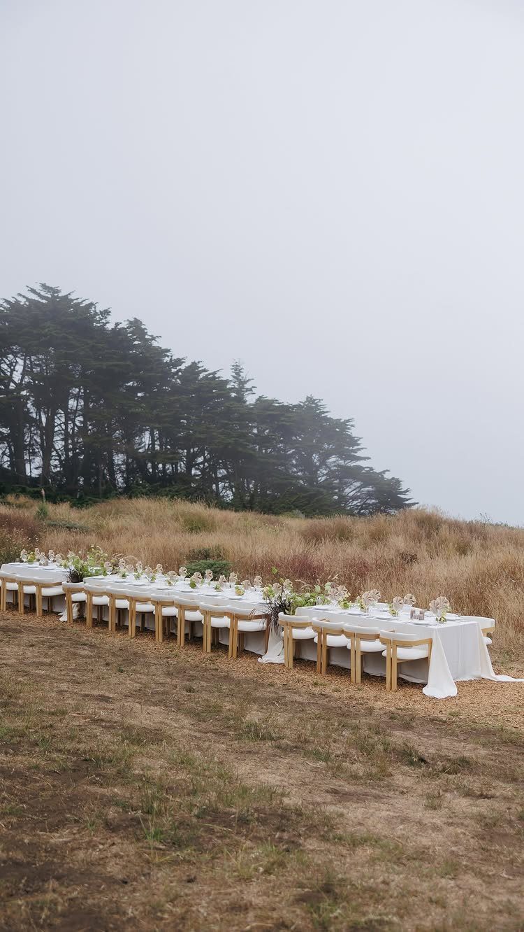 Long white dining table with wooden chairs set in a foggy coastal field