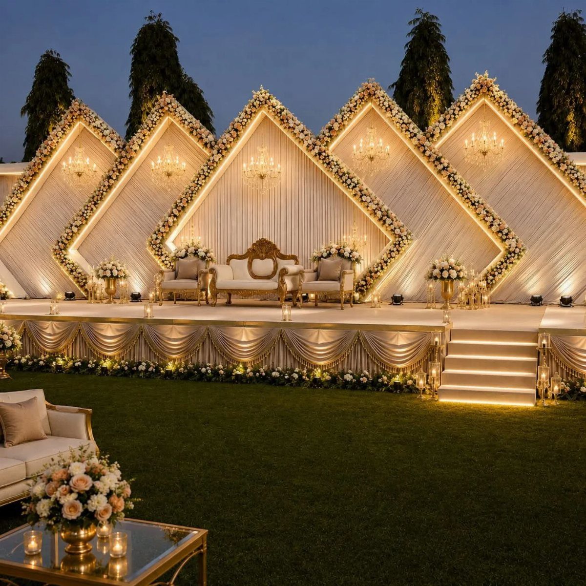 Elevated outdoor ceremony stage with gold diamond frames, chandeliers, and white floral decor.
