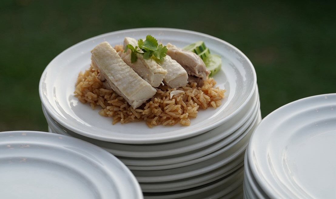 Chicken breast and brown rice on a white plate atop a stack.