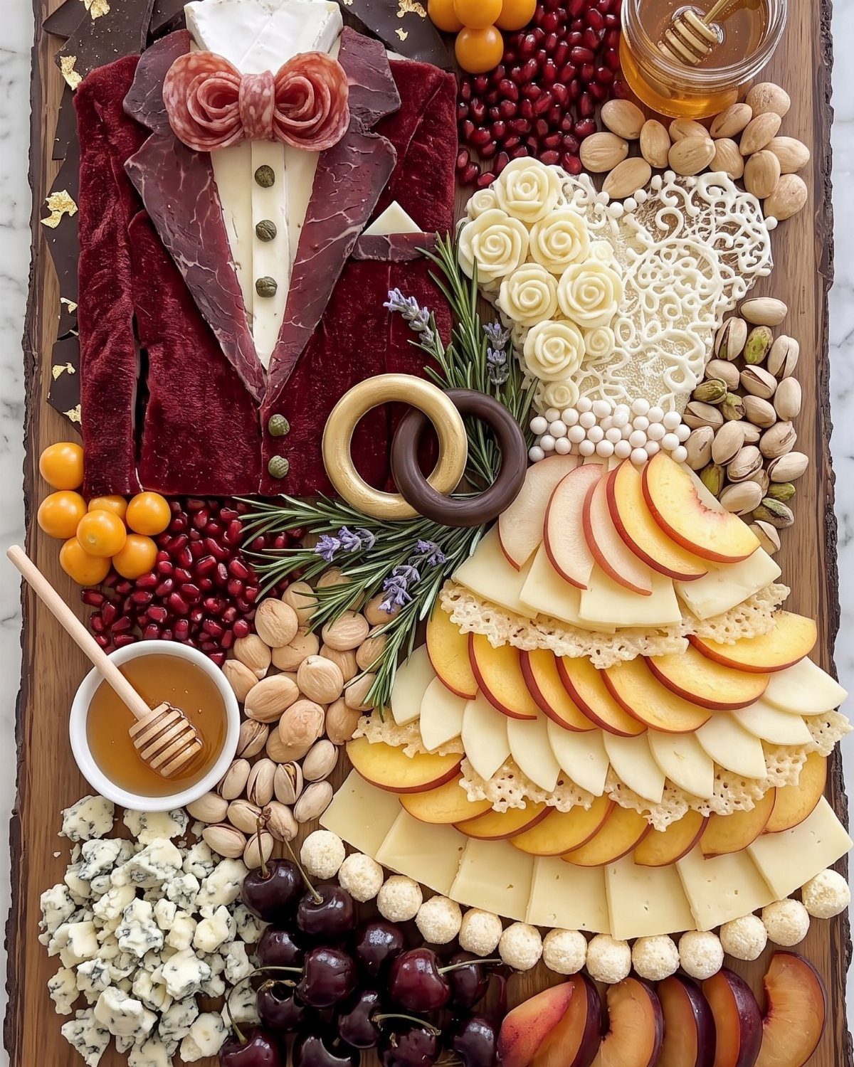 Charcuterie board featuring meat and cheese arranged as a wedding couple with fruit.