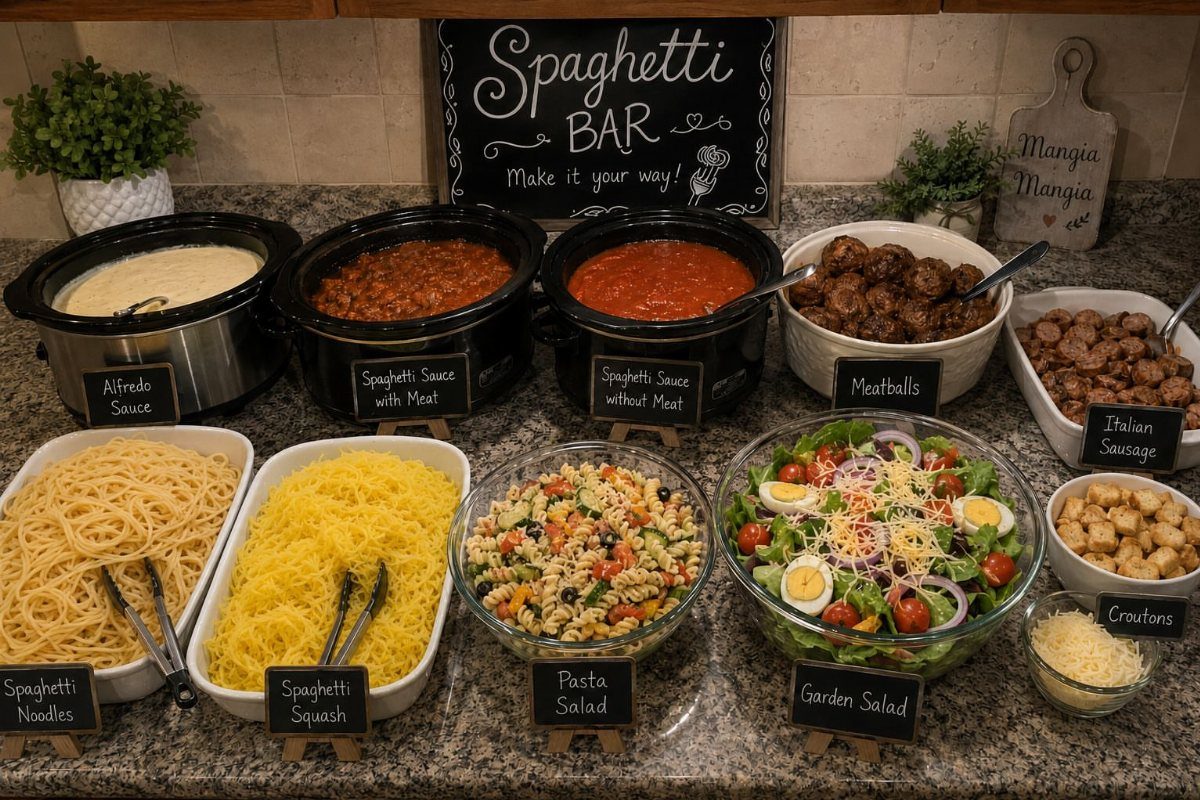Spaghetti bar with various pasta, sauces, meatballs, and salads on a granite counter.