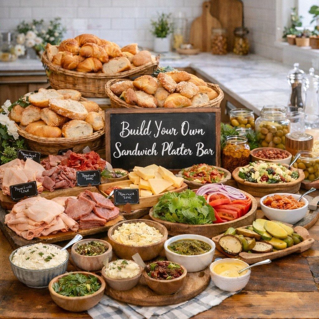 Sandwich bar with assorted breads, deli meats, cheeses, and fresh vegetable toppings.