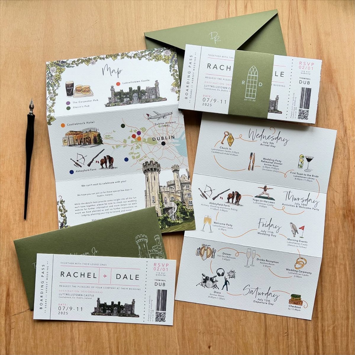 Wedding stationery set with boarding pass invitations, a map, and a detailed itinerary.