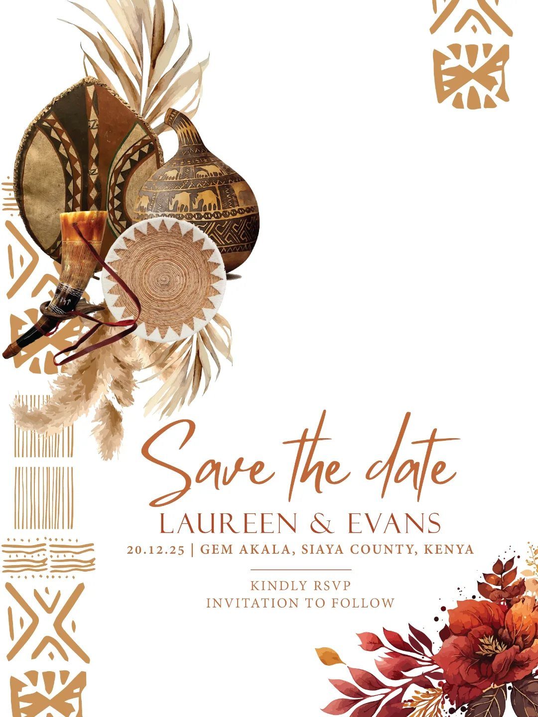 Save the date card with African cultural motifs, traditional shield, and earthy floral accents.