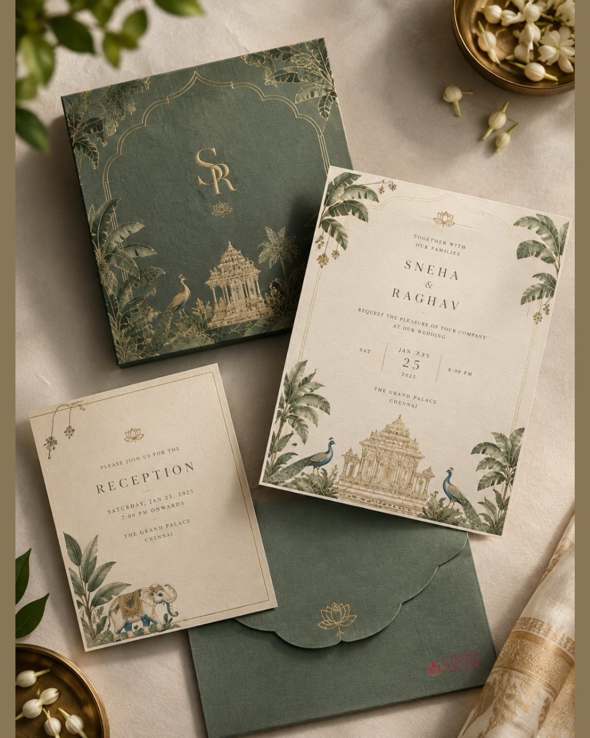 Elegant green and cream wedding invitation suite with gold foil and palace illustrations.