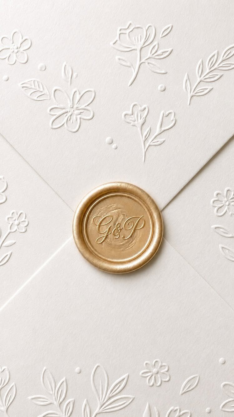 White embossed floral envelope sealed with a gold wax seal featuring initials G&P