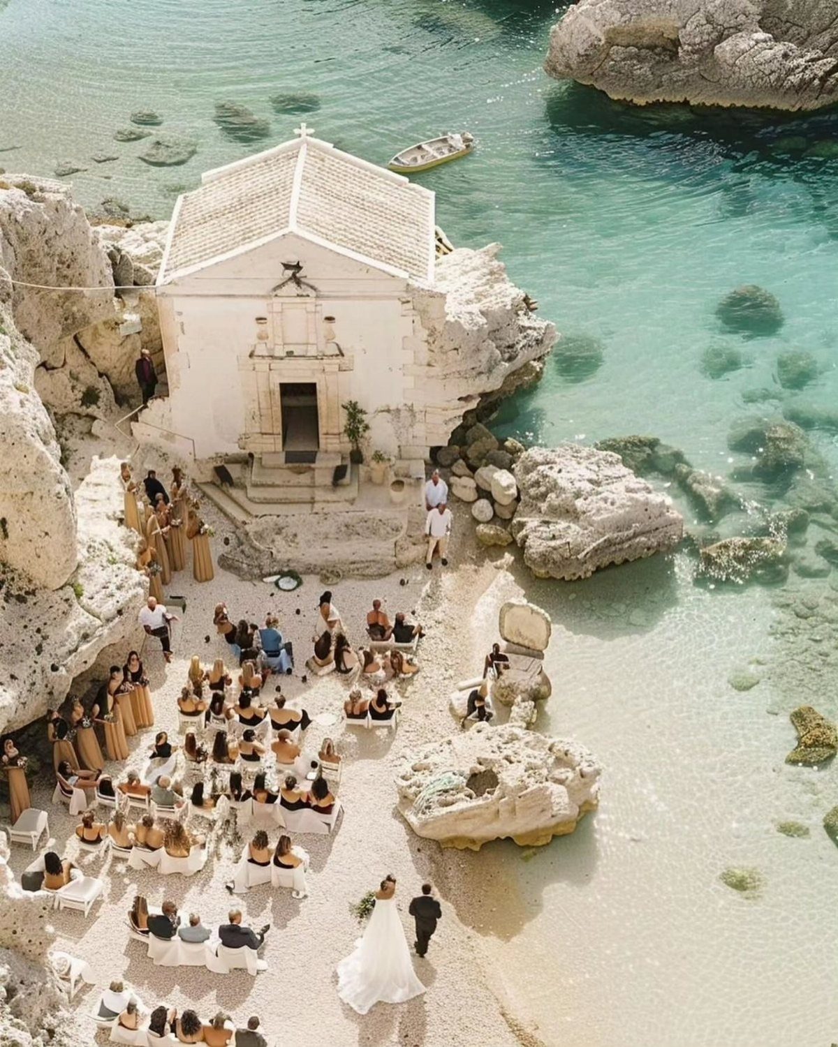 Wedding ceremony on a white beach beside a small white chapel and turquoise water.