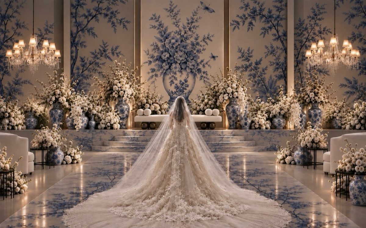 Bride in long white gown facing a lavish indoor altar with blue murals