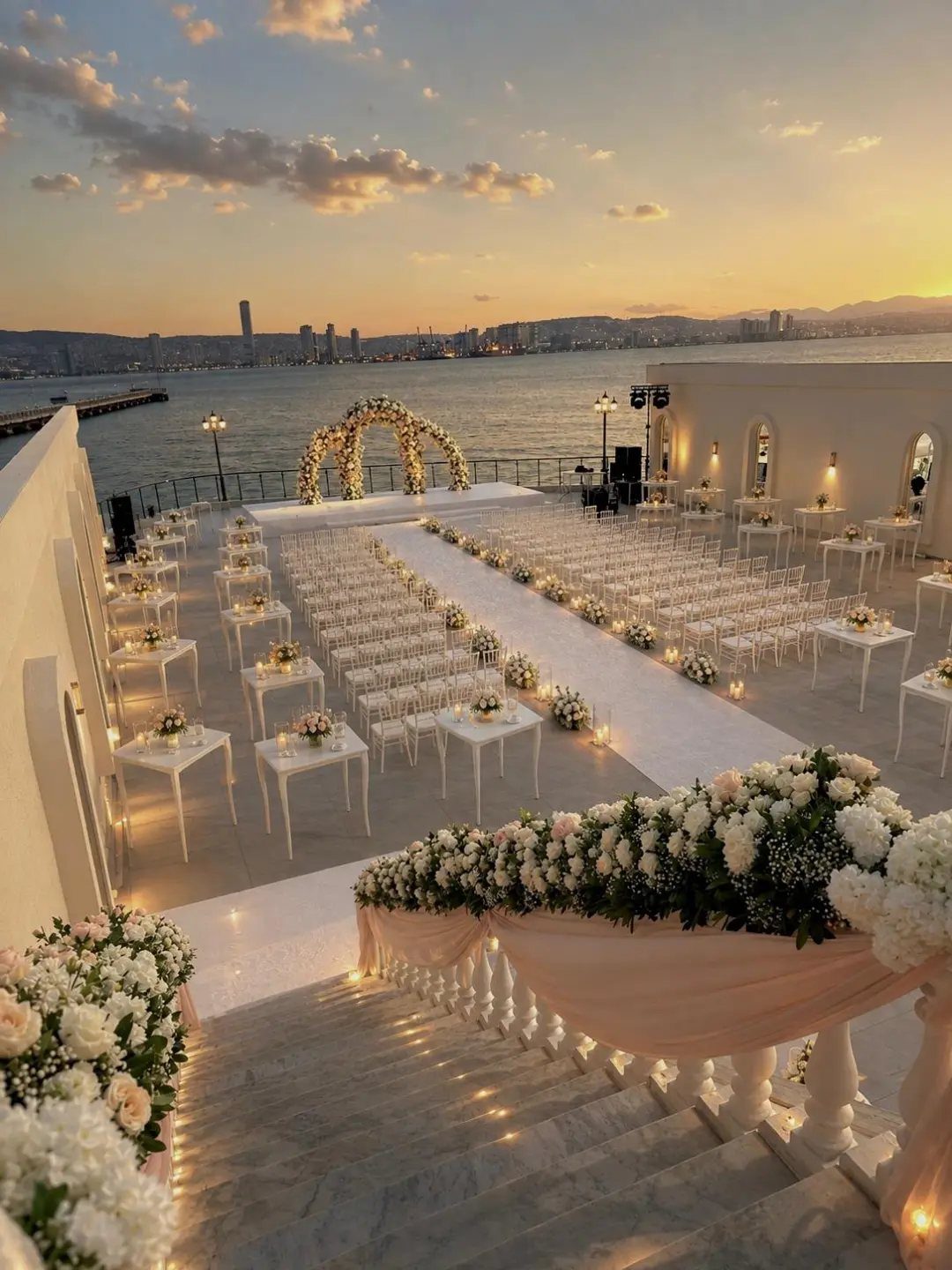 Outdoor wedding ceremony setup on a white terrace overlooking a calm bay at sunset.