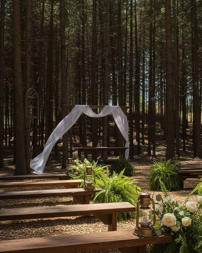 Wedding ceremony setup with wooden benches and white fabric altar in a pine forest