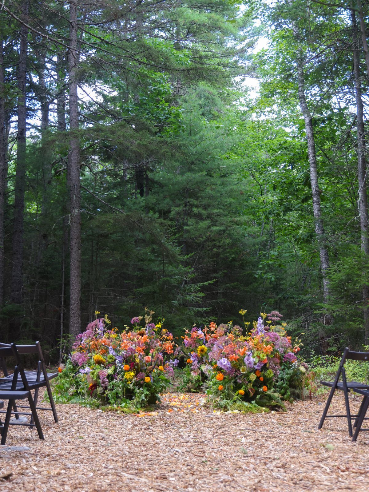 Floral altar with colorful blooms in a wooded forest clearing with folding chairs.