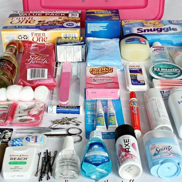 Assorted grooming tools and medicines arranged for a wedding emergency kit.