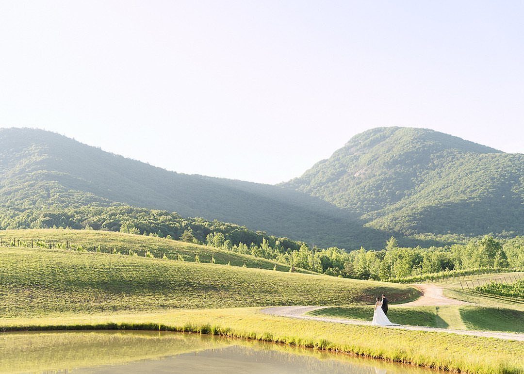 Bride and groom standing in a grassy field with mountains and a pond.