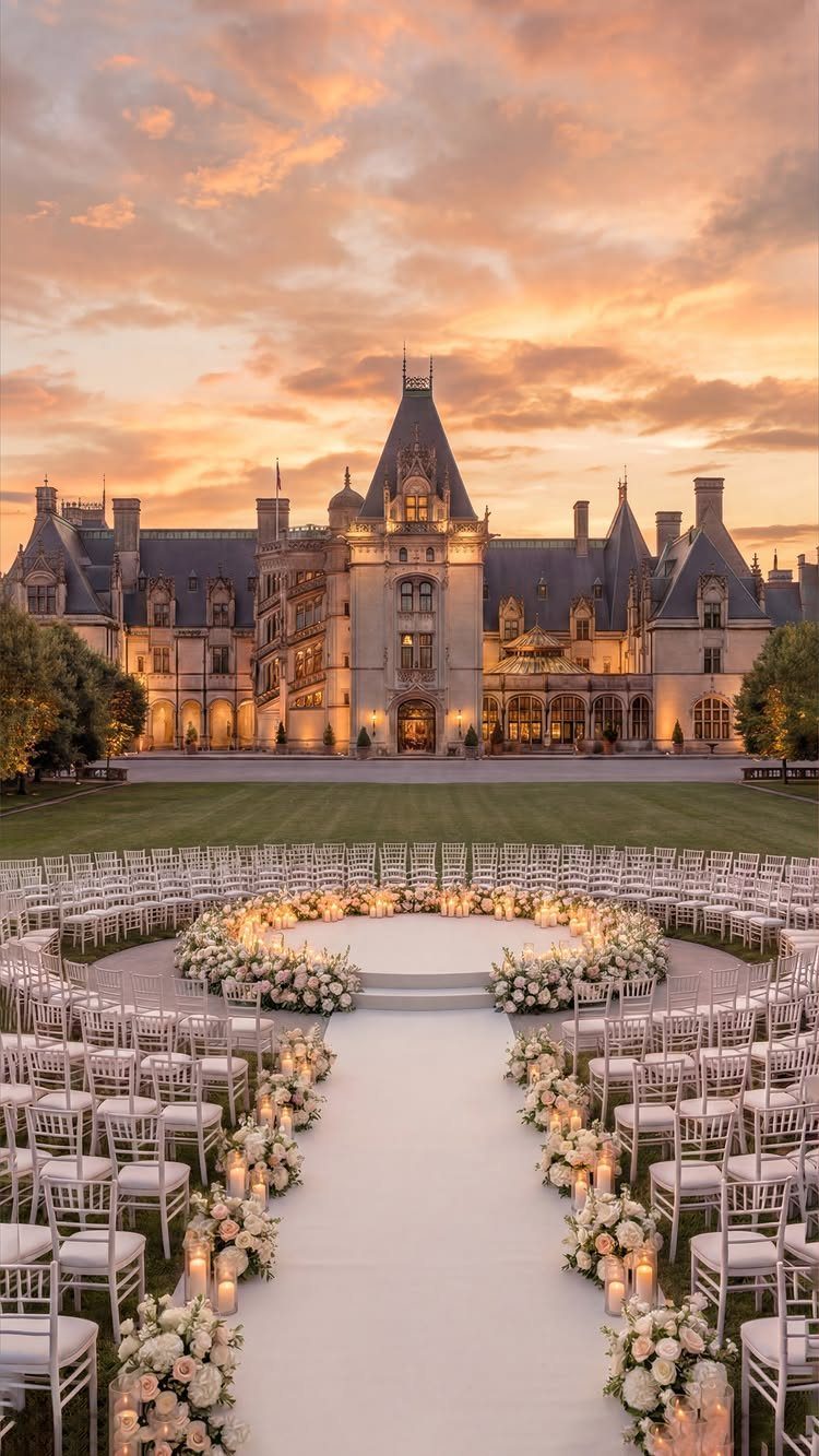 Grand stone chateau backdrop for an outdoor wedding ceremony with white floral arrangements.