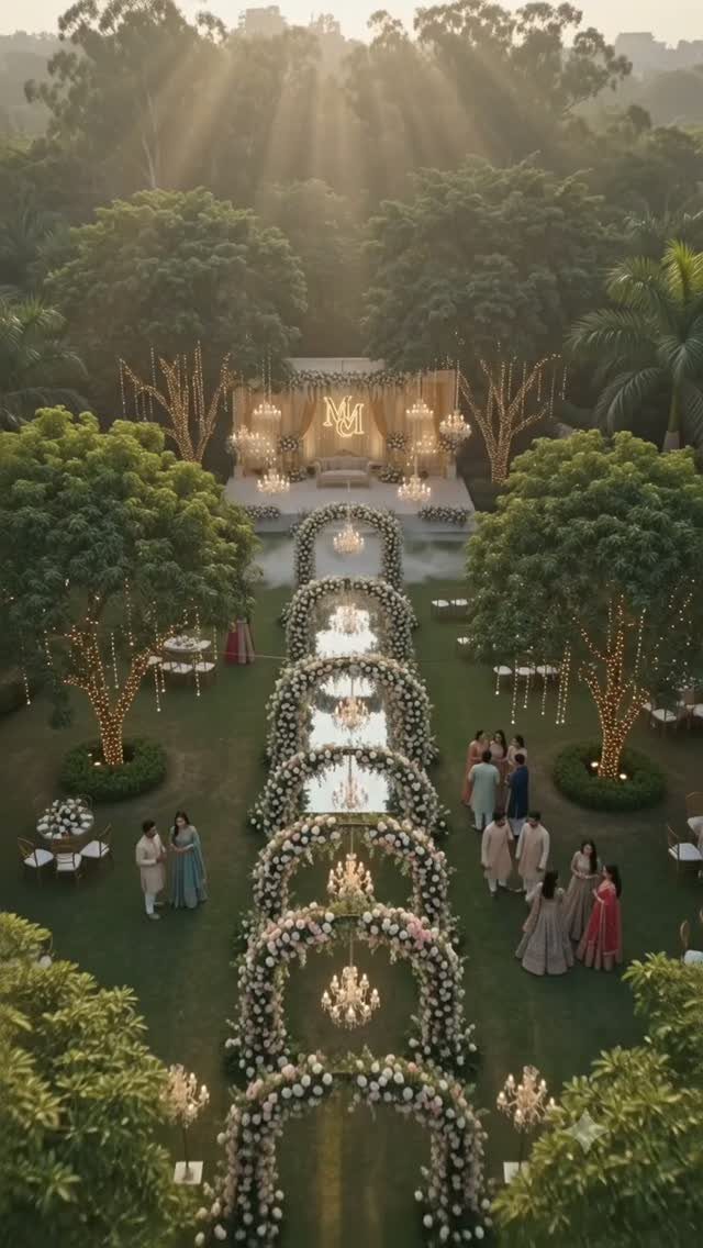 Outdoor Indian wedding venue with floral arches, chandeliers, and guests in traditional attire.