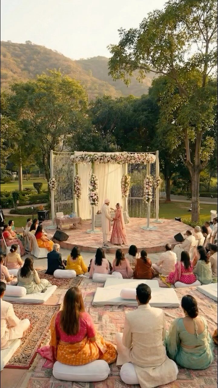Outdoor Indian wedding ceremony with a floral mandap and guests sitting on floor cushions.