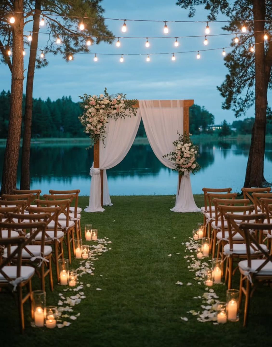 Wooden wedding arch with white fabric and flowers overlooking a calm lake at dusk
