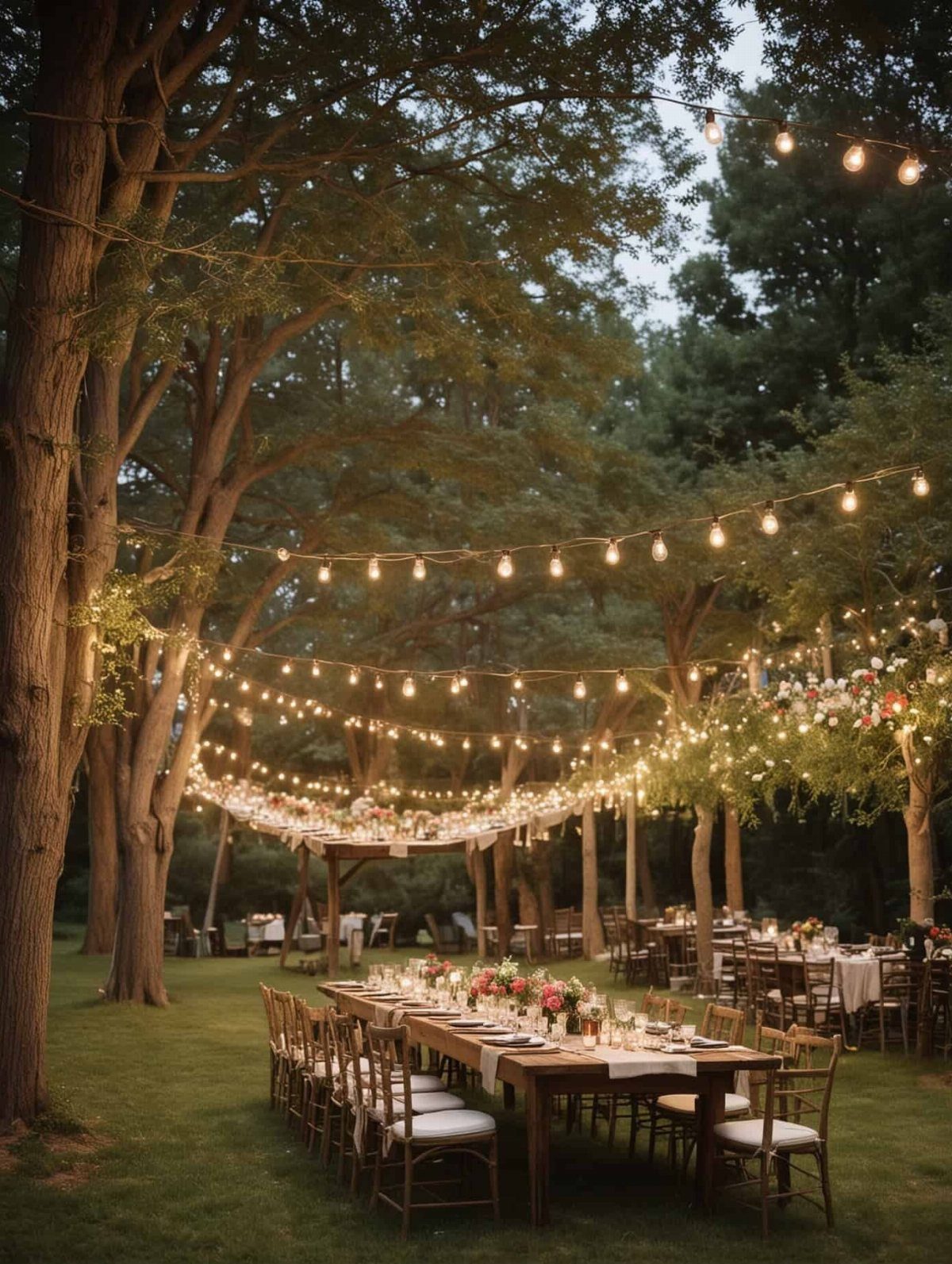 Wooden dining tables with floral centerpieces under string lights in a wooded backyard.