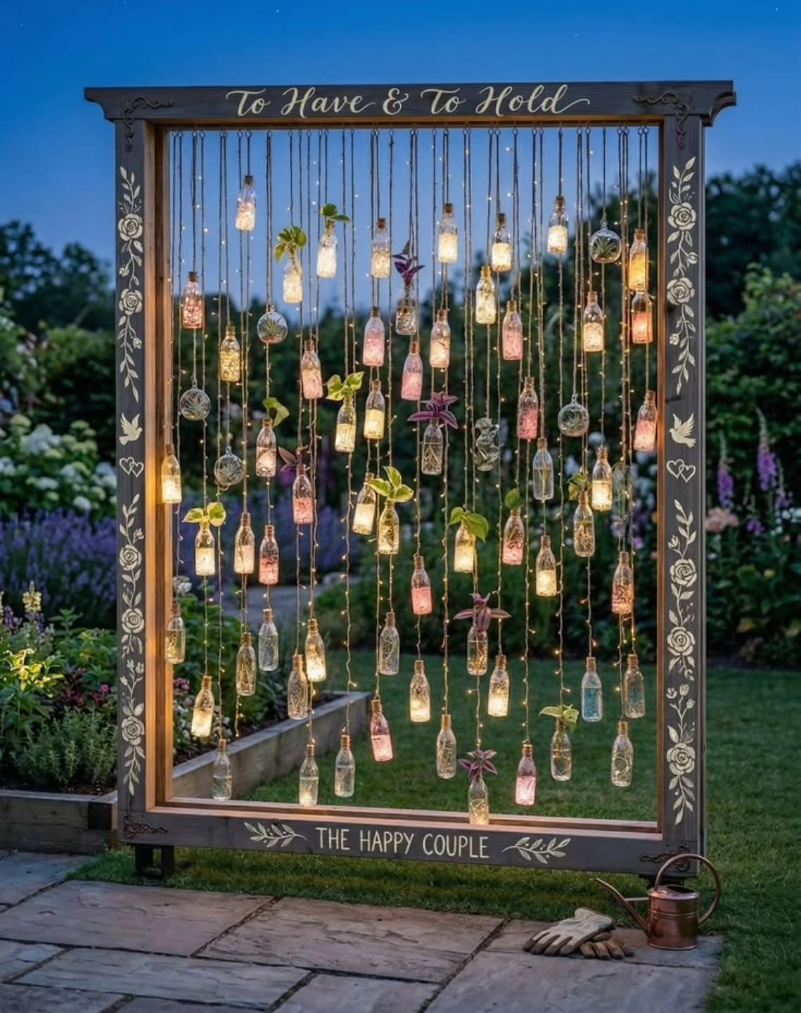 Wooden frame with hanging glowing bottles and plants in a garden setting