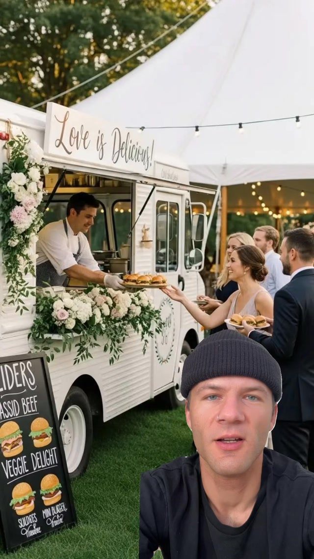 White food truck serving sliders to wedding guests under a white outdoor tent.