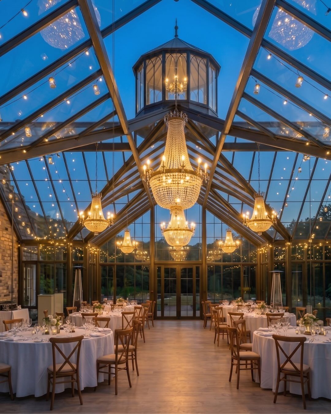 Glass conservatory wedding venue with crystal chandeliers and set dinner tables at twilight