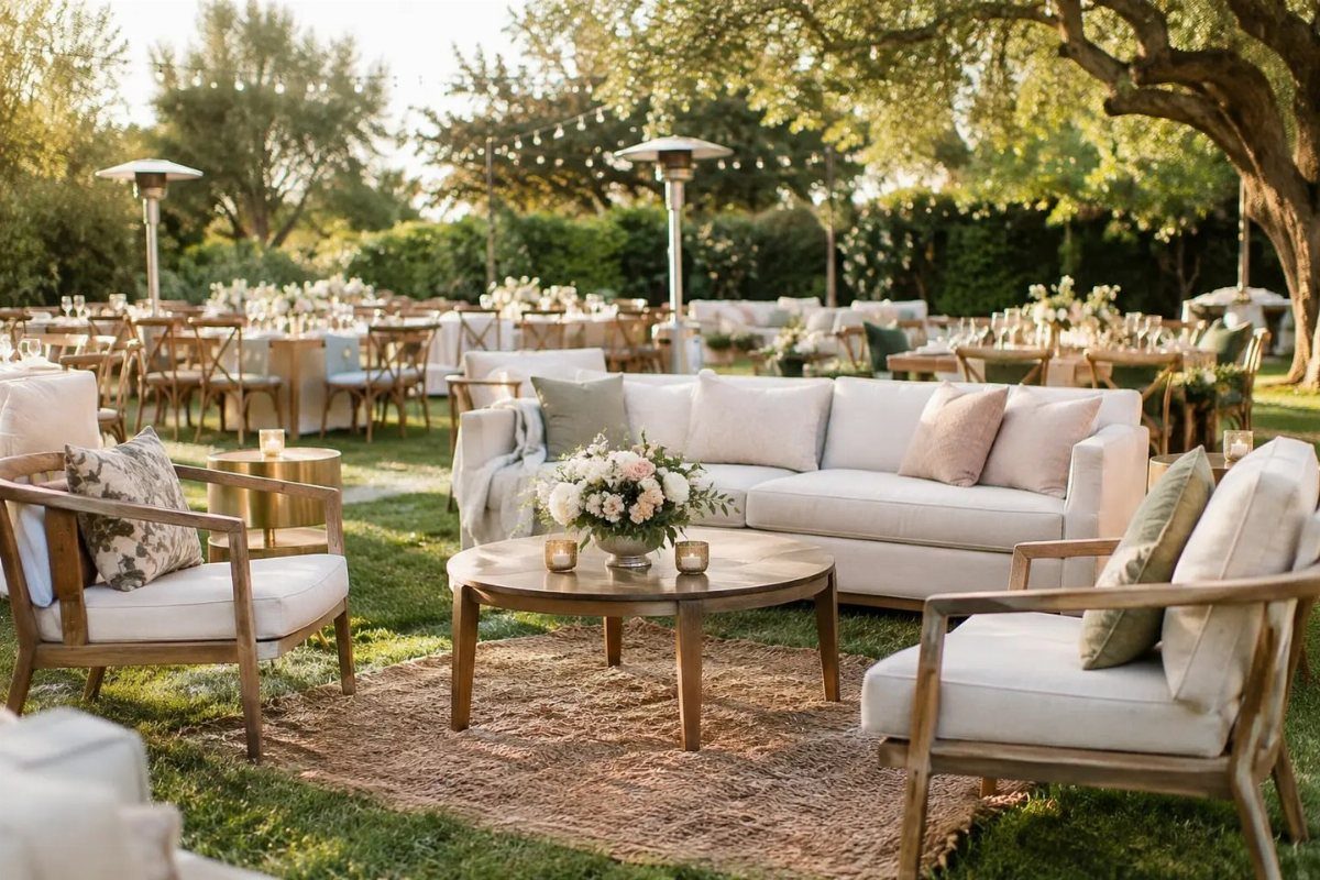 Outdoor lounge area with white sofa and wooden armchairs on a green lawn.
