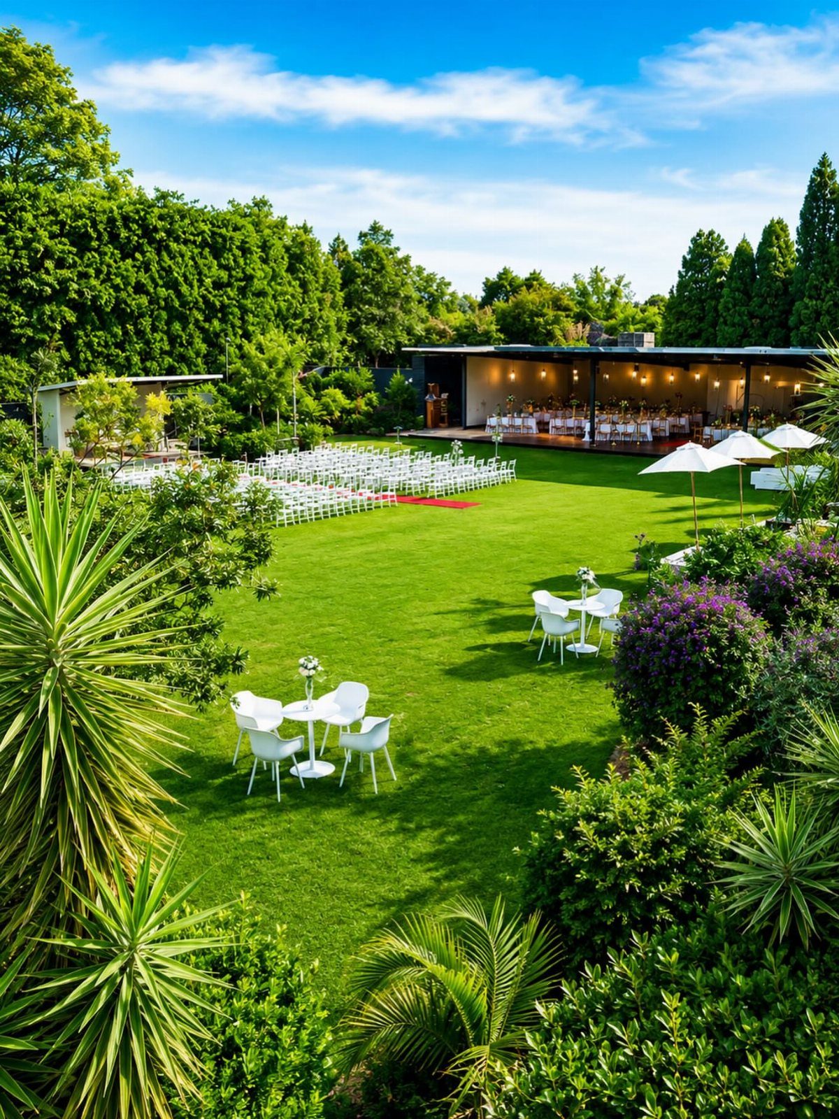 Wedding ceremony setup on a green lawn with white chairs and botanical surroundings.