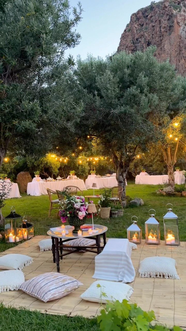 Outdoor wedding reception with low seating, lanterns, and dining tables under olive trees.