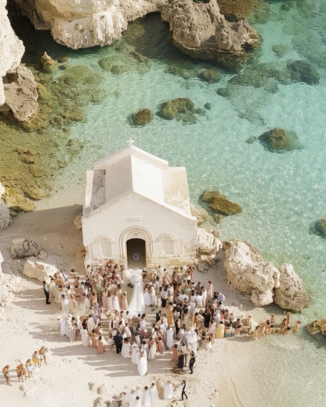 Small white beach chapel with wedding guests gathered by turquoise coastal waters