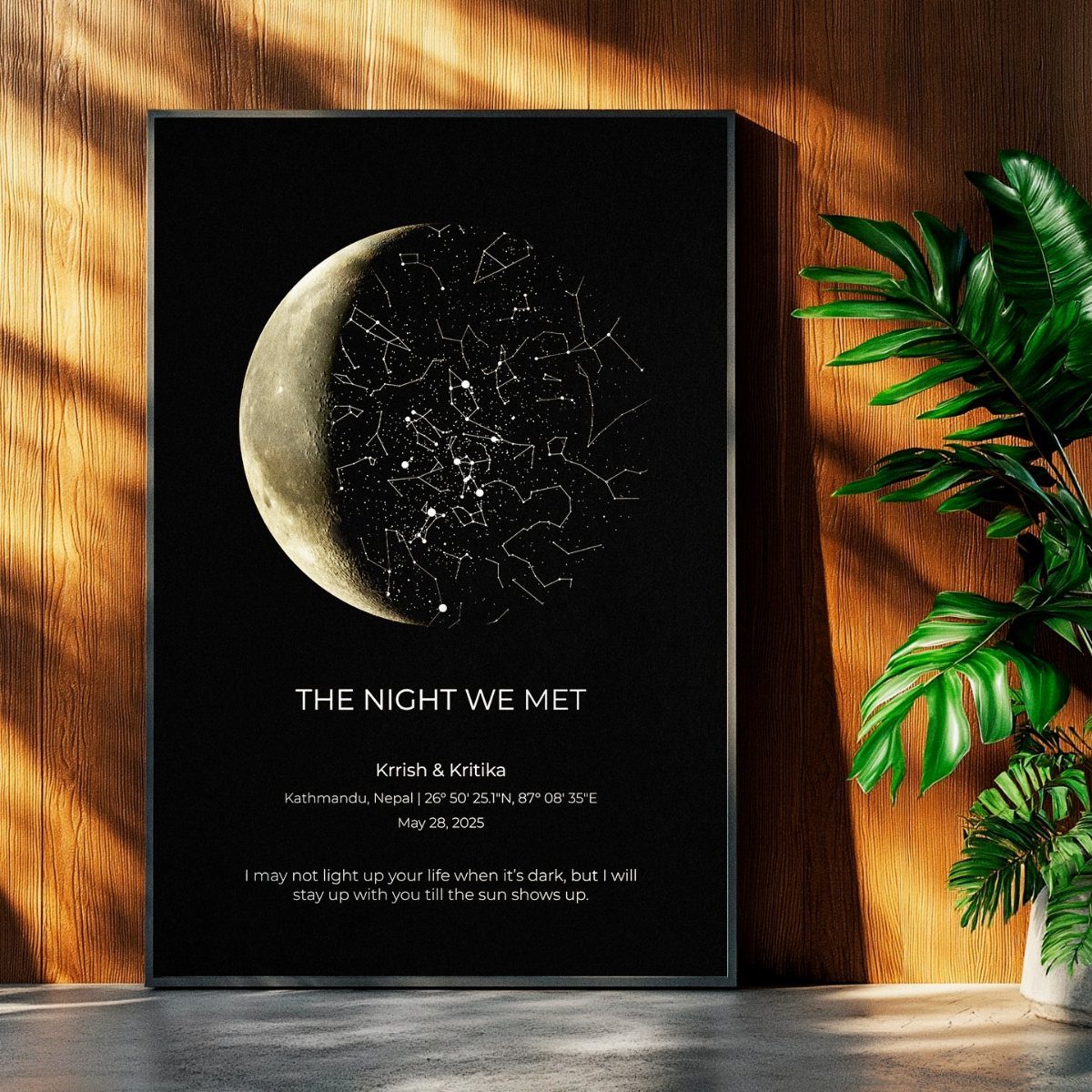 Framed night sky map poster with a crescent moon and star constellations.
