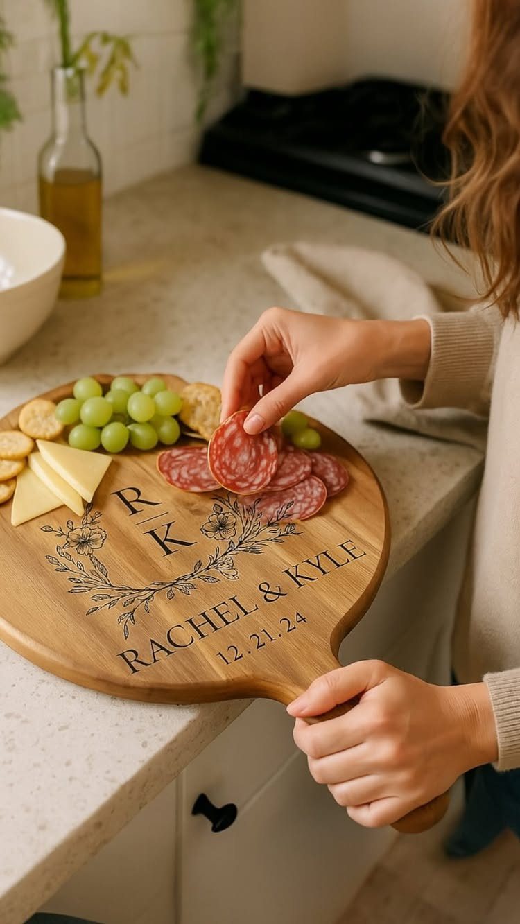 Engraved wooden charcuterie board with names and date, topped with grapes and salami.