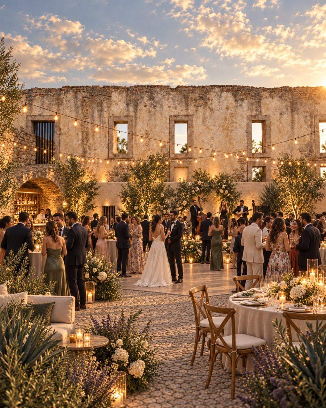 Wedding reception in a stone courtyard with string lights and guests in formal wear.